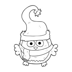 black and white cartoon owl wearing christmas hat