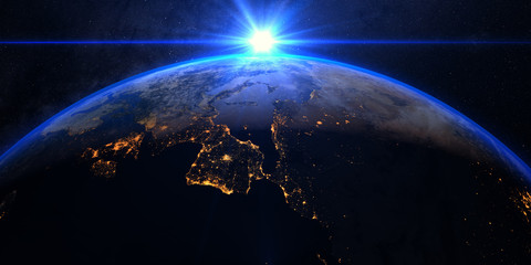 Planet Earth with a spectacular sunrise, view on Europe and Africa.