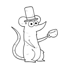 black and white cartoon mouse with cup and top hat