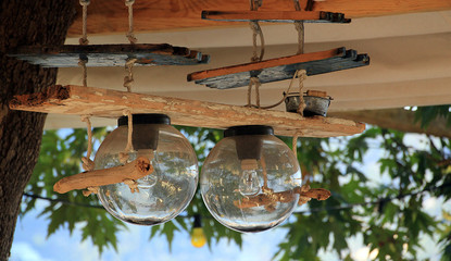 Modern lamp hanging on the wooden roof