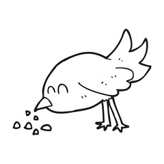 black and white cartoon bird pecking seeds