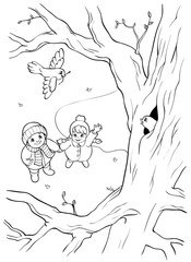 Coloring book or page. Wild bird on the tree and two children. Springtime illustration.