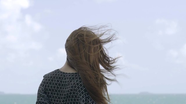 Woman with long hair fluttering by the wind looking at the sea, Slow motion
