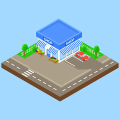 corner shop outdoor with parking and car, boxes of fruit and vegetables on the street. isometric.