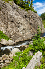Beautiful Mountain River at the Bagley Lake Trail Park. Mount Baker, Washington, USA.