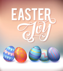 Realistic eggs on pastel background. Easter Calligraphy Vector i