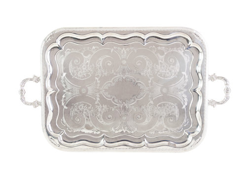 Antique silver tray,isolated on white with a clipping path.