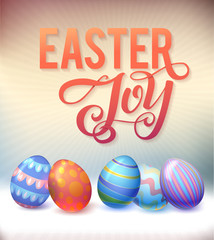 Realistic eggs on pastel background. Easter Calligraphy Vector illustration.