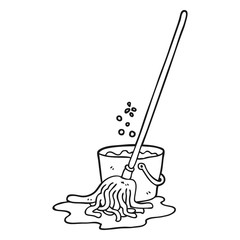 black and white cartoon mop and bucket