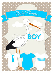 baby shower card, stork is carrying a baby boy! the announcement on fluffy white clouds with different models of bodysuits