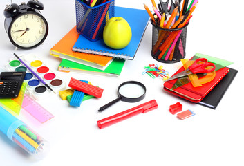 School supplies tools pencils crayons colorful assortment isolated white background
