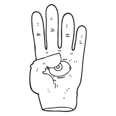 black and white cartoon spooky hand with eyeball