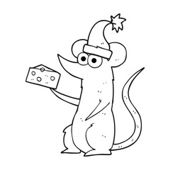 black and white cartoon christmas mouse with cheese