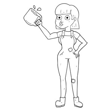 black and white cartoon female worker with coffee mug