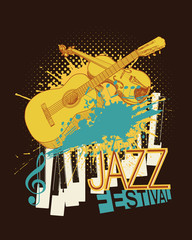 Jazz music festival poster with violin, piano keys and guitar