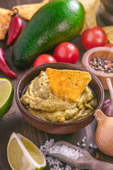 Guacamole sauce with corn chips