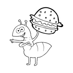 black and white cartoon ant carrying food