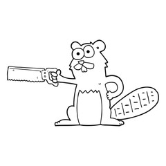 black and white cartoon beaver with saw