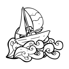 black and white cartoon sail ship