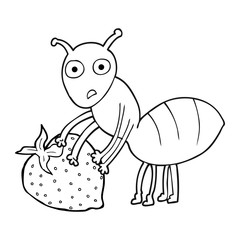 black and white cartoon ant with berry