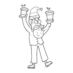 black and white cartoon man with coffee cups at christmas
