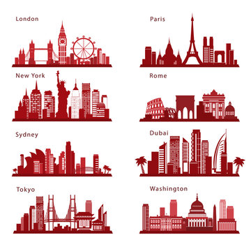 Detailed Cities skylines set with landmarks. Vector silhouettes
