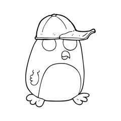 black and white cartoon bird in cap
