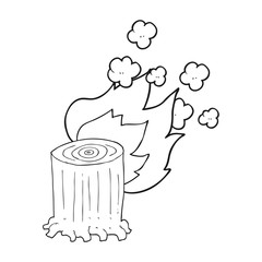 black and white cartoon tree stump on fire