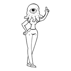 black and white cartoon female alien with raised hand