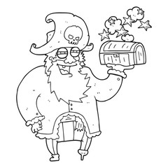black and white cartoon pirate captain with treasure chest