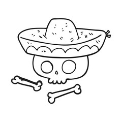 black and white cartoon skull in mexican hat