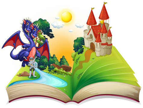 Book of fairytales with knight and dragon