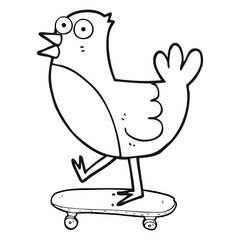 black and white cartoon bird on skateboard