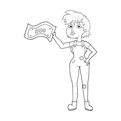 black and white cartoon confident farmer woman with money