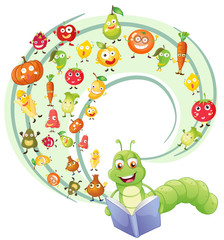 Fototapeta premium Worm reading book of fruits