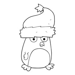 black and white cartoon christmas robin wearing santa hat