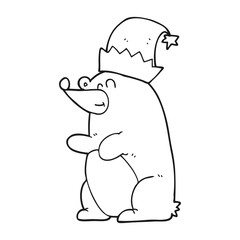 black and white cartoon bear wearing christmas hat
