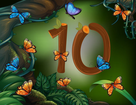 Number ten with 10 butterflies in the garden