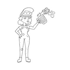 black and white cartoon hard working woman with beer