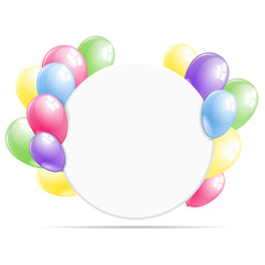 White round paper banner with colorful balloons. Vector illustration.