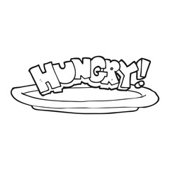 black and white cartoon empty plate with hungry symbol