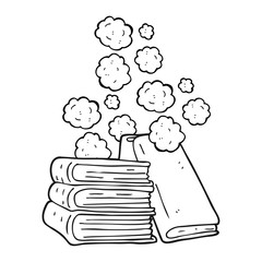 black and white cartoon stack of books