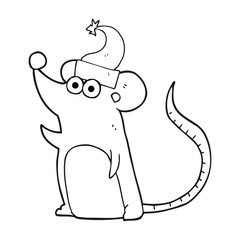 black and white cartoon mouse in christmas hat