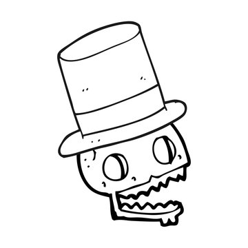 black and white cartoon laughing skull in top hat