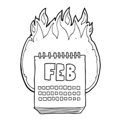 black and white cartoon calendar showing month of february