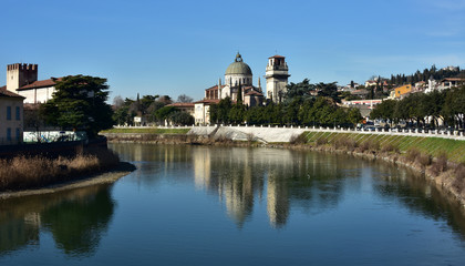 Fototapeta na wymiar San Giorgio in Braida reflected in Adige River