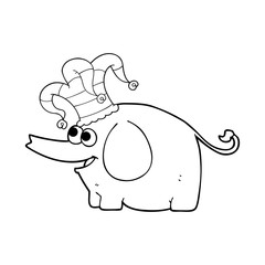 black and white cartoon elephant wearing circus hat