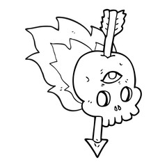 black and white cartoon magic skull with arrow through brain