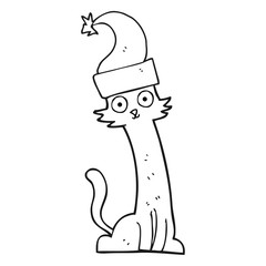 black and white cartoon cat in christmas hat
