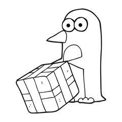 black and white cartoon penguin with christmas present
